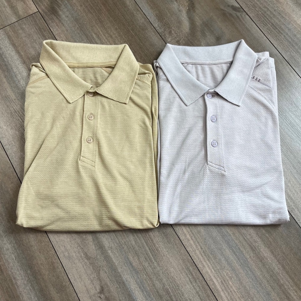 Lululemon Metal Vent Tech Polo Shirt Mens Medium Tan Light Purple M Bin M-29